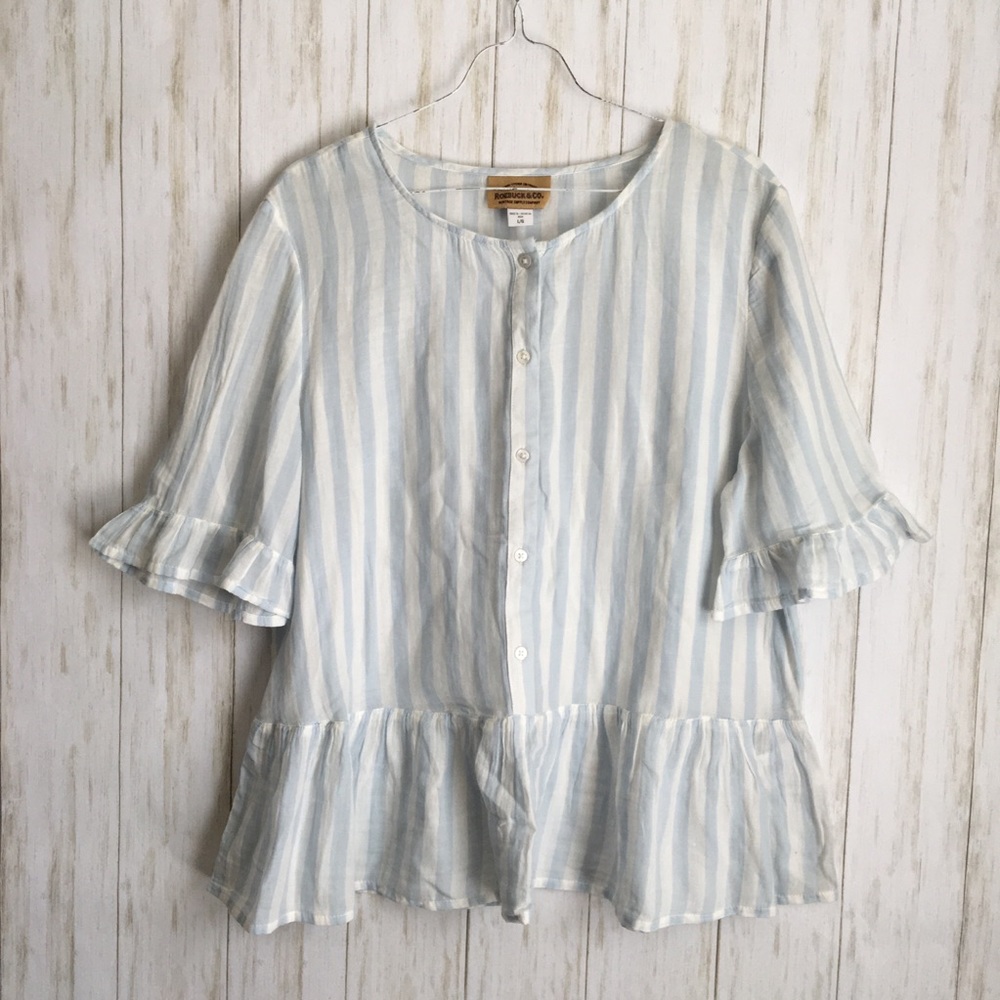 vintage roebuck Sky Blue White Striped Peplum Top